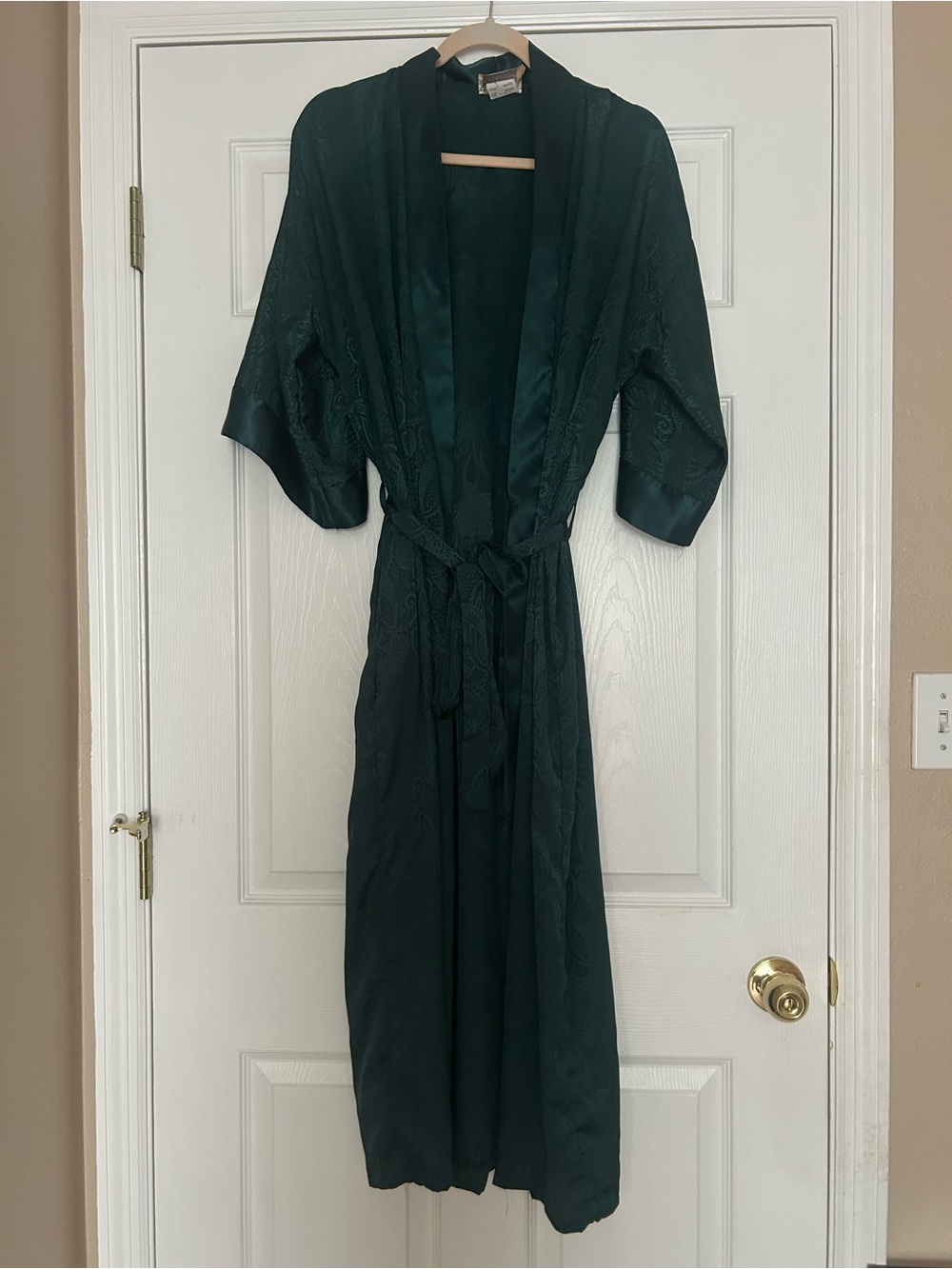 Long Satin Kimono Robe in Deep Green with Self-Tie Belt